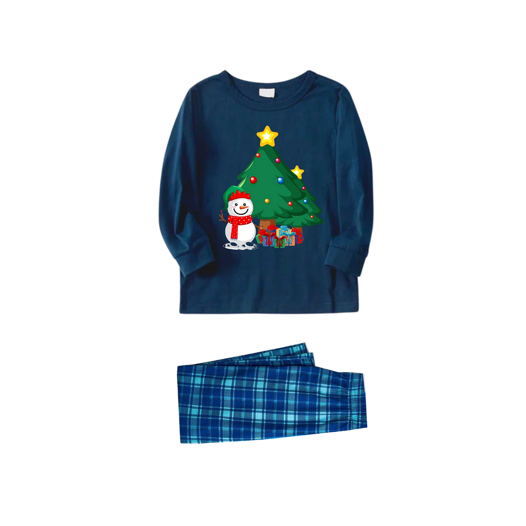 Christmas Tree And Smiling Snowman with Gift Pattern Blue Long Sleeve Top with Blue And White Plaid Pants Family Matching Pajamas