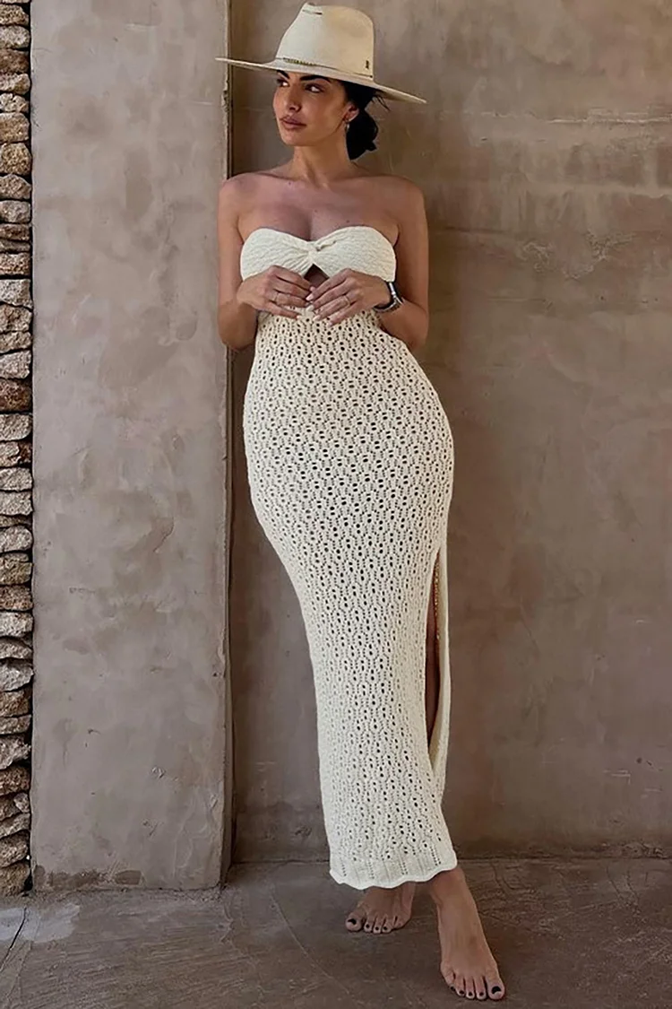 Strapless Cutout High Slit White Hollow Out Crochet Bodycon Cover Up Maxi Dresses
