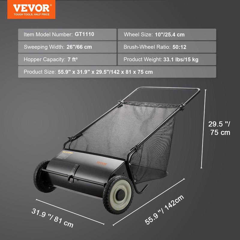 Product Introduction of VEVOR Push Lawn Sweeper, Various specifications, Leaf & Grass Collector, Strong Rubber Wheels & Heavy Duty Thickened Steel Durable to Use with Large Capacity. Mesh Collection Hopper Bag, Spinning Brushes 15