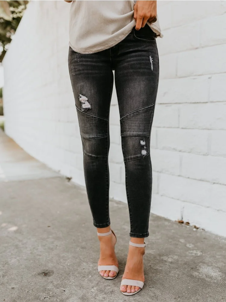 Washed Frayed Details Patchwork Skinny Jeans