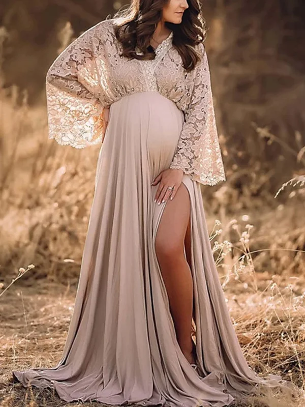 Maternity V Neck Lace Solid Color Maxi Dress