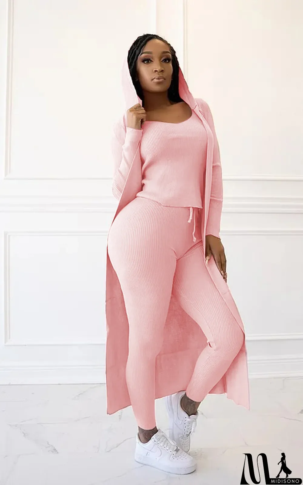 MidiSono - Solid Tank Top+Hooded Long Cloak+Pants 3 Piece Sets