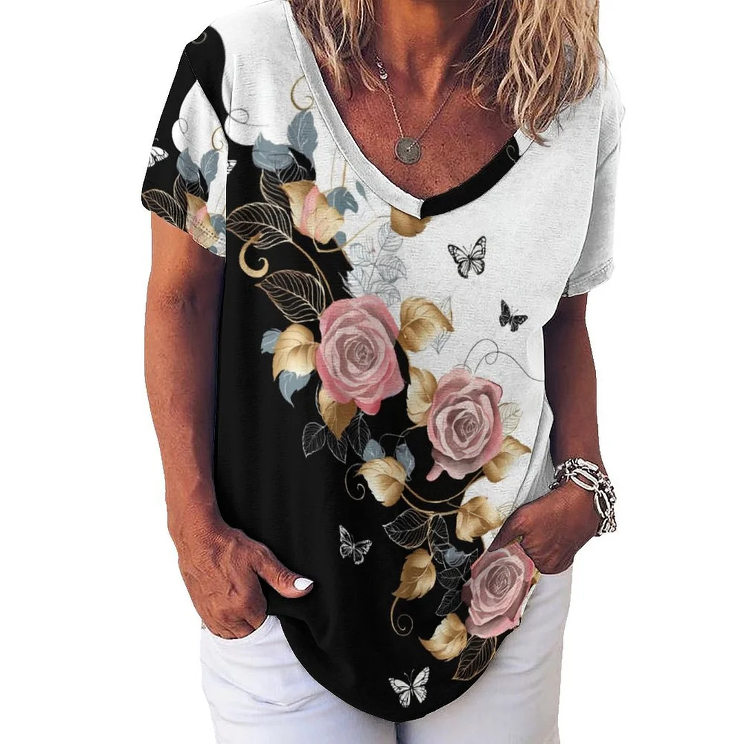 V-neck Short Sleeve Casual T-shirt for  Women Printed with Pattern Floral, Golden, Black, Pink