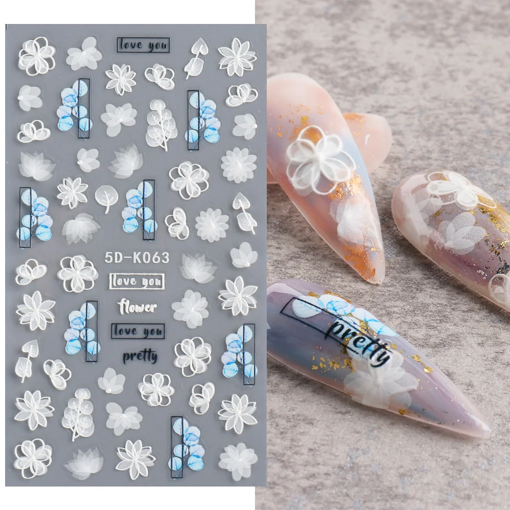 Churchf Nail Stickers Flowers Geometric Lines Decor Acrylic Embossed Sliders Gold Frame Nail Decals Cherry Blossom Manicure GLJI-5D05-Nail Inspo