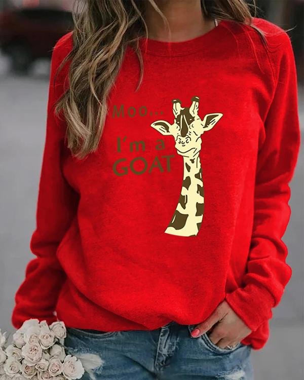 Animal Letter Print Pullover Round Neckline Sweatshirts