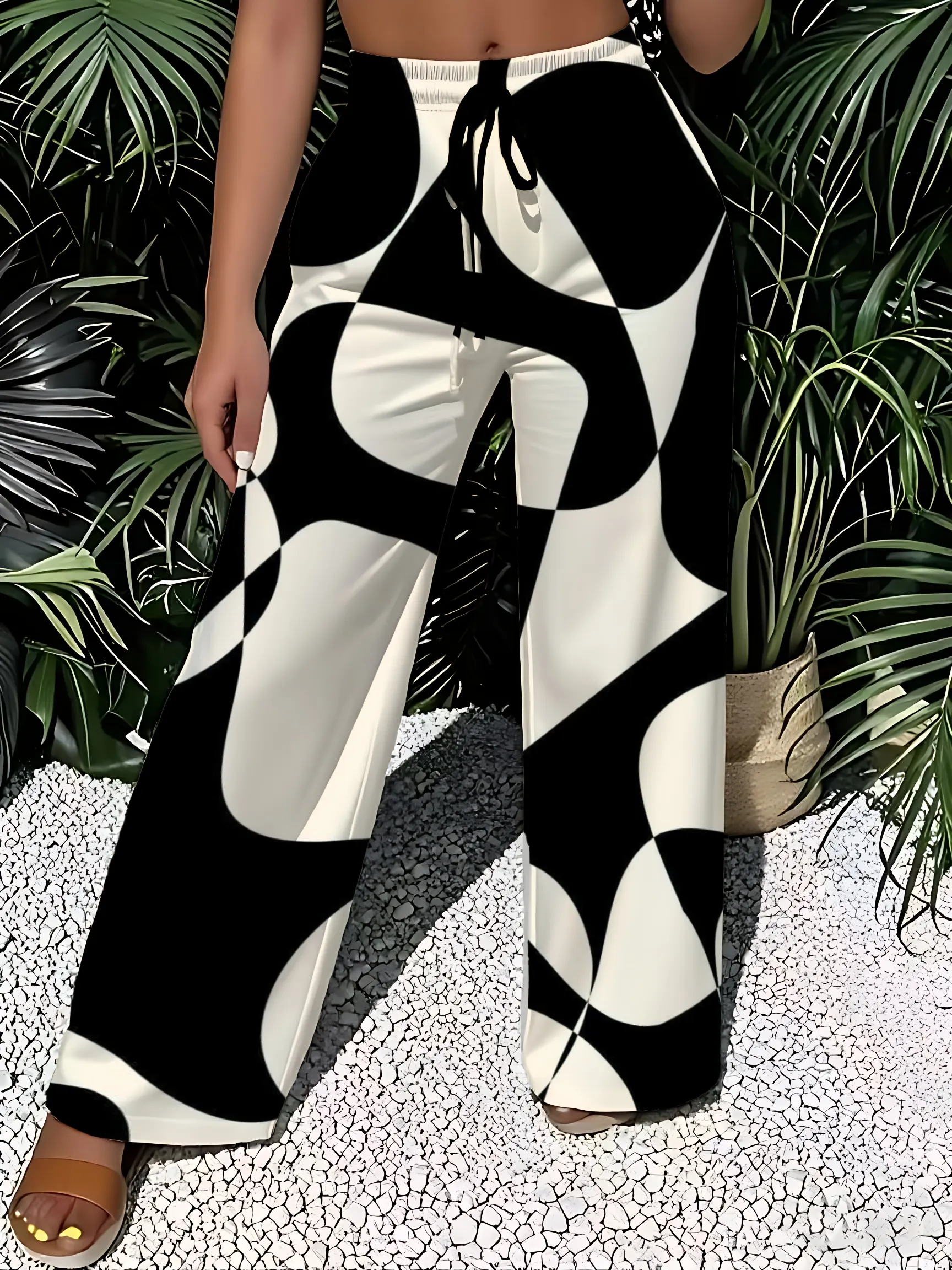 Womens Wide Leg Pants Elastic waistband lightweight loose beach white geometric pattern | IFYHOME