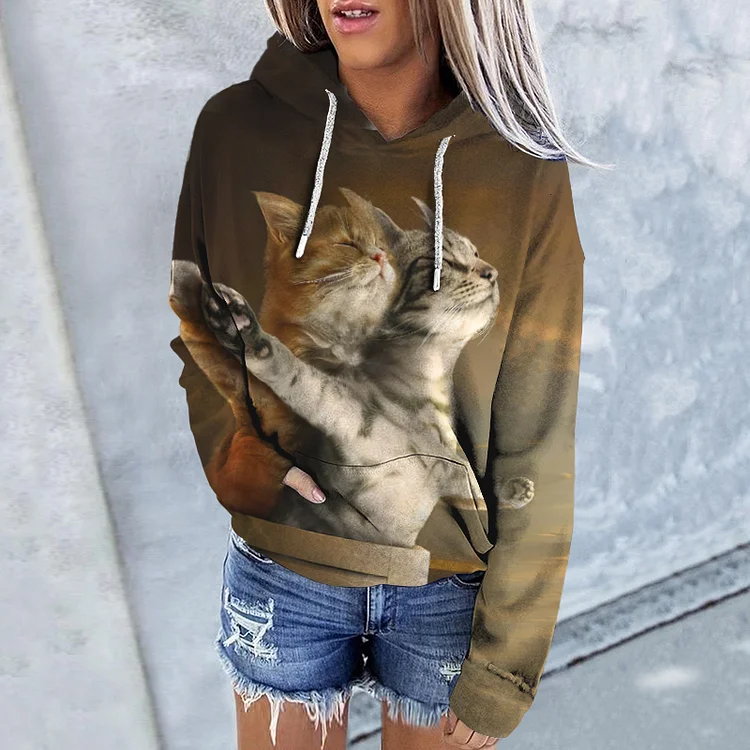 Cat Print Long Sleeve Casual Hoodie