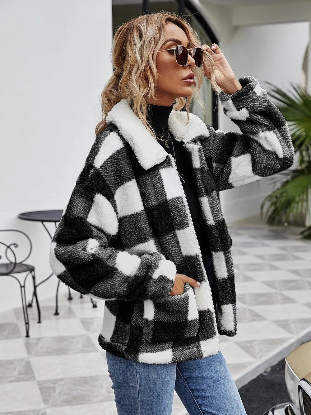 Women's Cardigan Lapel Plush Plaid Jacket