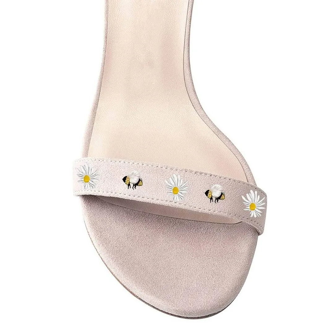 Open Round Toe Chunky Heel Daisy Embroidered Women's Sandals in Nude