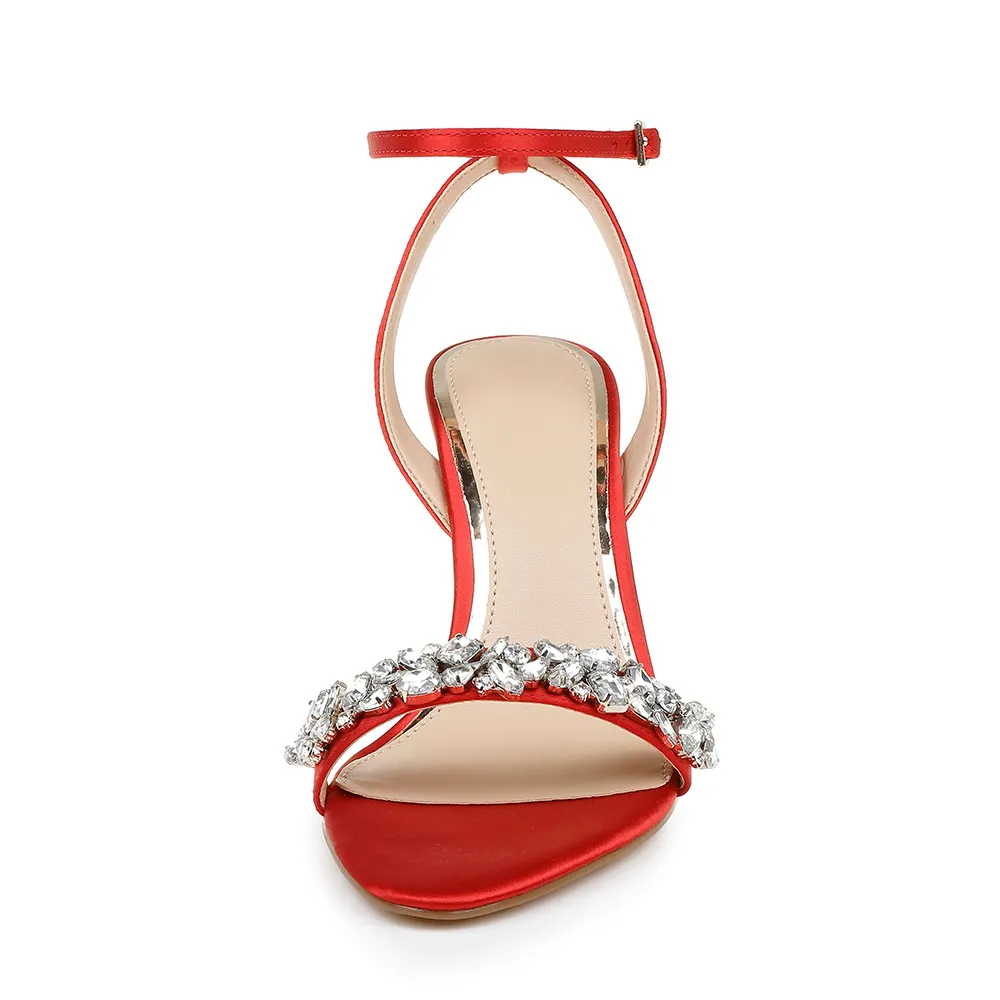 Satin Open Toe Rhinestone Red Ankle Strap Stiletto High Heel Sandals