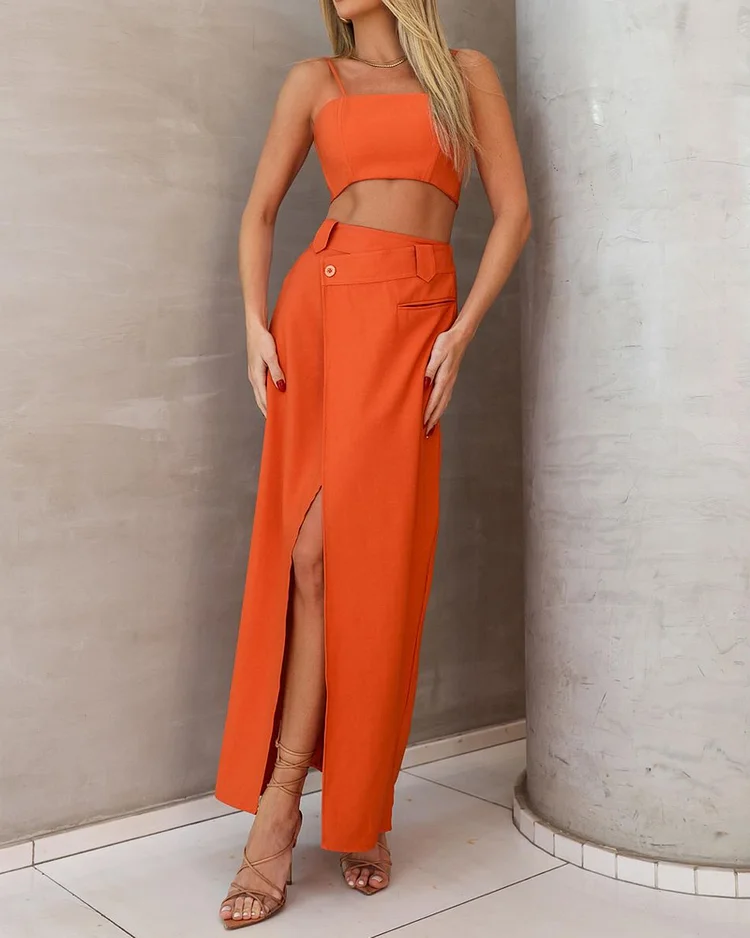 Sleeveless solid color two piece set