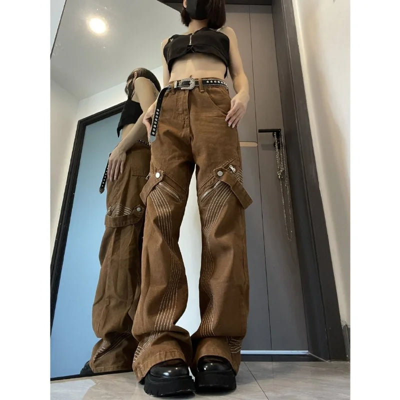 OLCooL American New Retro Straight Jeans Female Y2K Street Hip Hop Dark Brown Loose Casual Joker High Waist Wide Leg Denim Mop Pants olcool