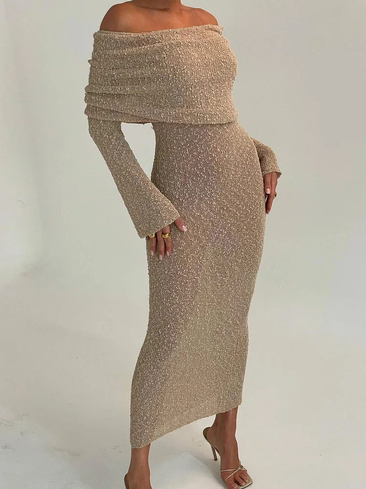 Sexy Knitted Hollow Boat Neck Maxi Dress