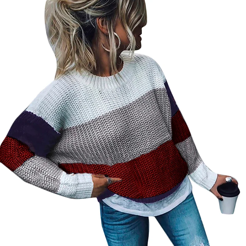 Wine Red Striped Color Block Loose Style Sweater
