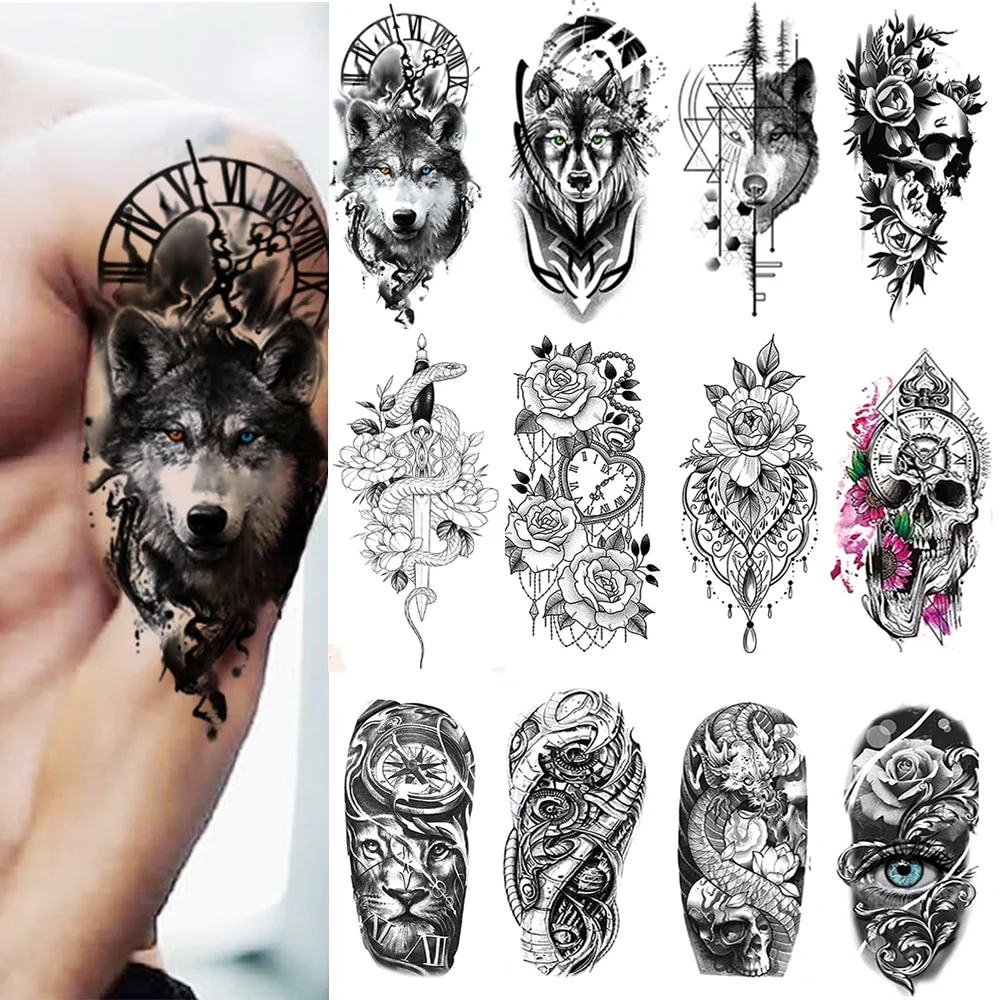 Sdrawing Piece Wholesales Waterproof Temporary Tattoo Sticker Wolf Tiger Fox Skull Snake Flower Body Arm Henna Fake Sleeves Man Women
