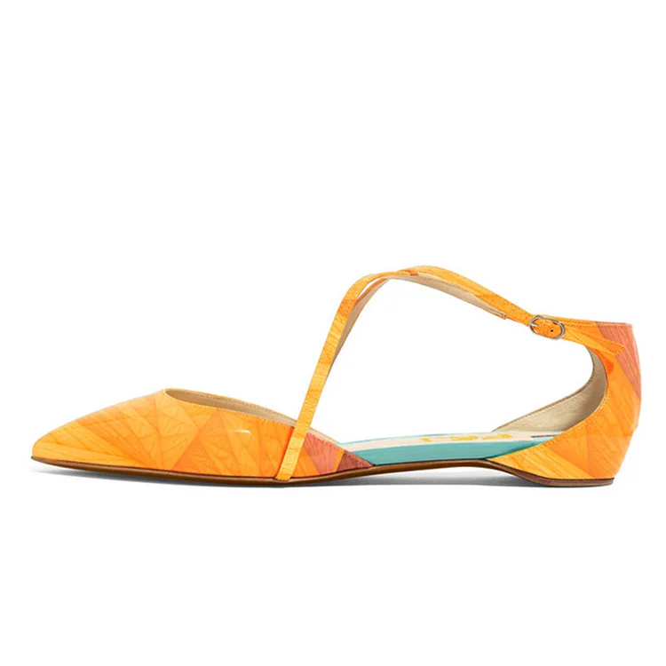 Orange Patent Leather Pointy Toe Flats Cross Over Pumps |FSJ Shoes