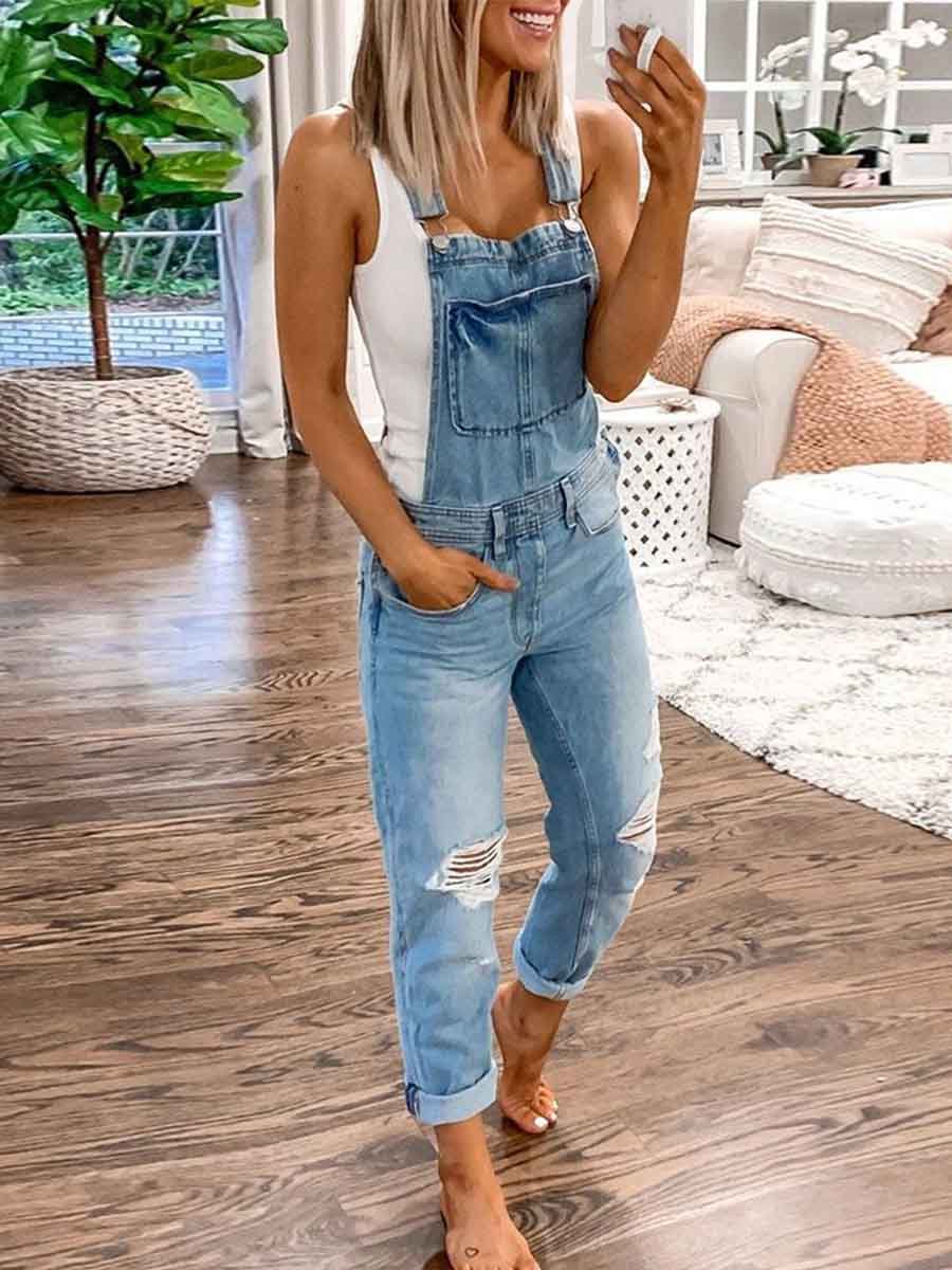 Vorioal Casual Denim Ripped Jumpsuit