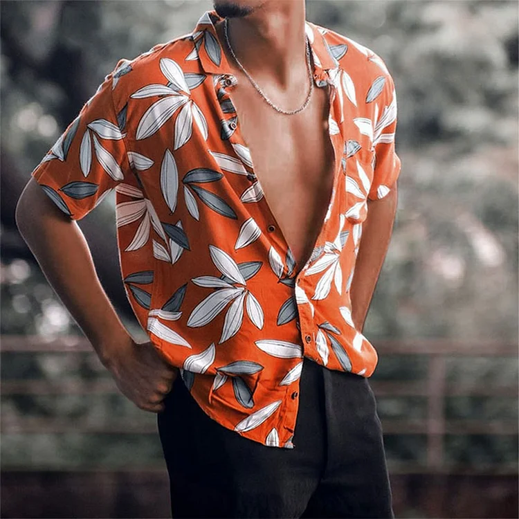 Leaves Pattern Summer Short Sleeve Hawaiian Shirts for Men at Hiphopee