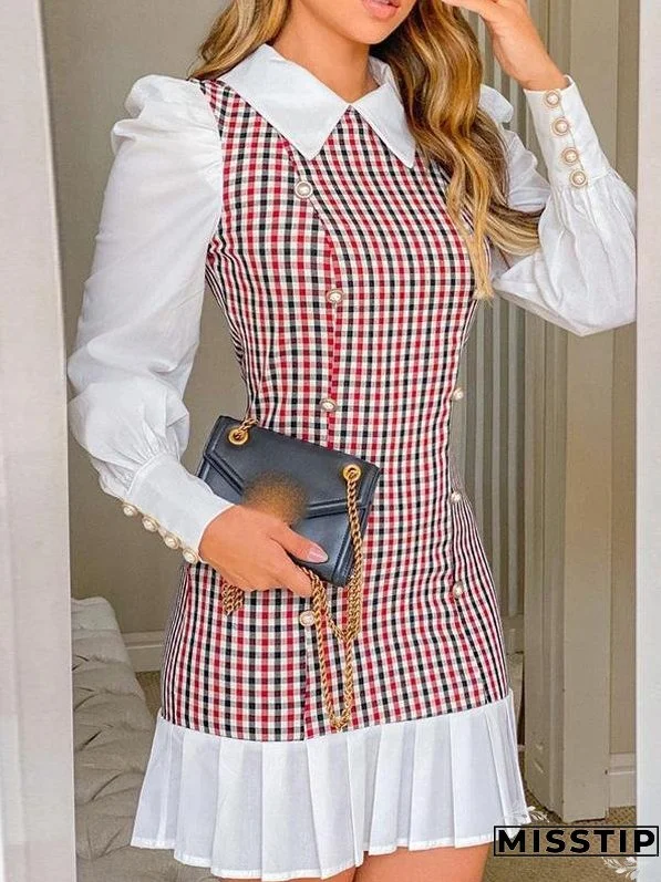Plaid Stitching Button Long Sleeve Shirt Dress