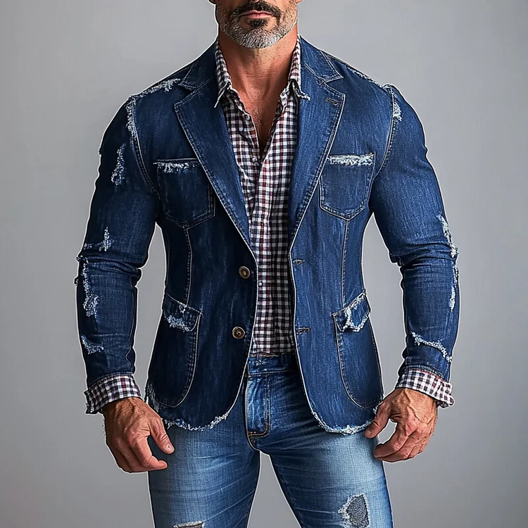 Men's Notched Lapel Denim Raw Edge Two Button Long Sleeve Jacket