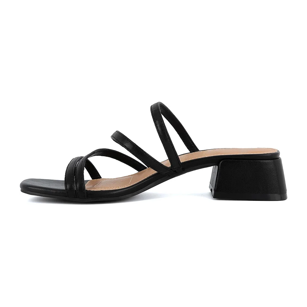 Square Toe Block Heel Strappy Slip On Black Sandals for Women