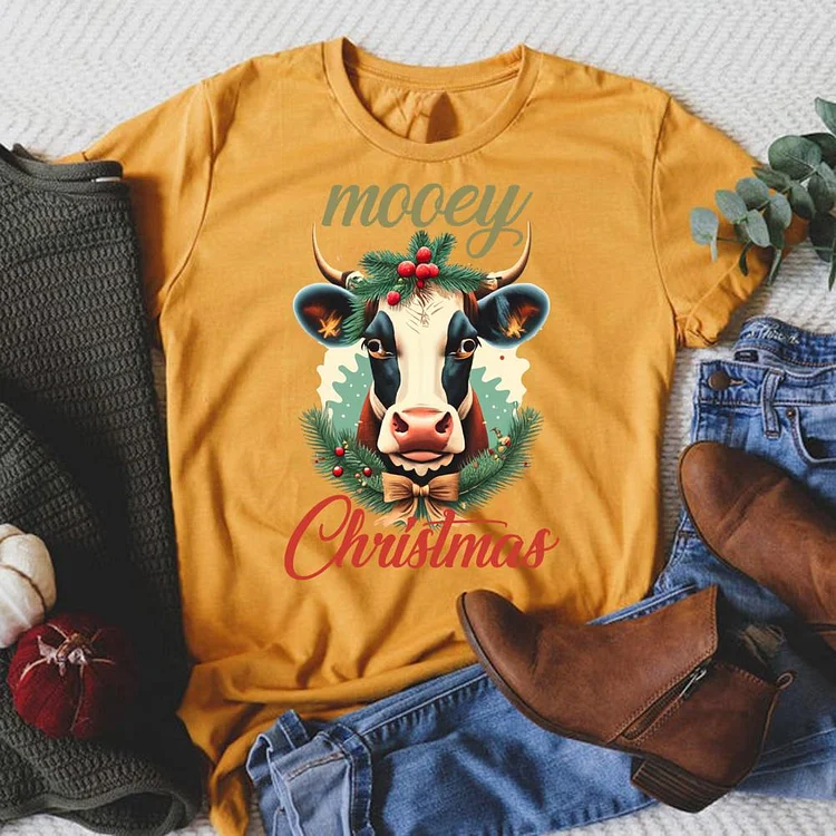 Mooey Christmas Round Neck T-shirt-0019953