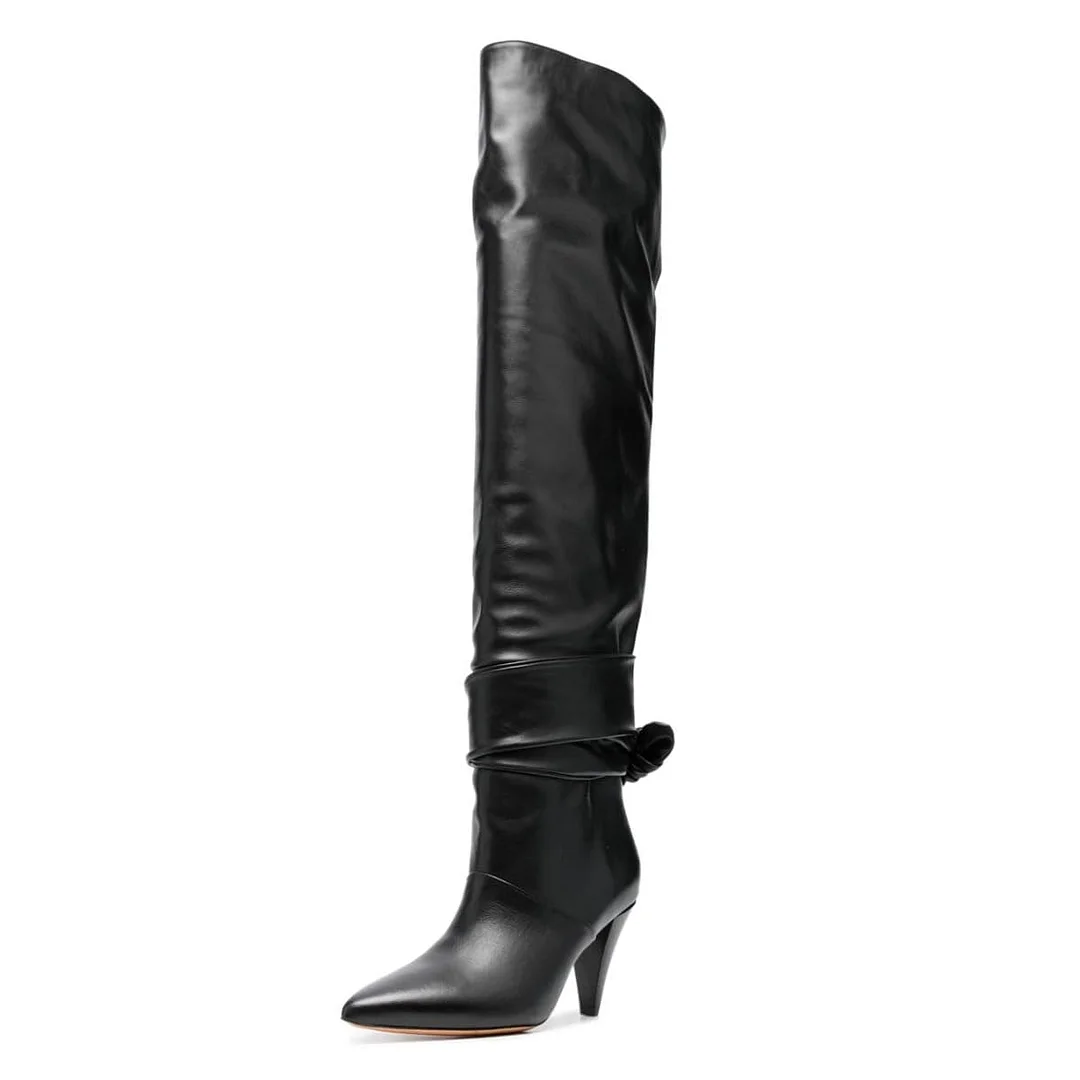 Black Cone Heel Pointed Toe Knotted Strappy Over The Knee Boots
