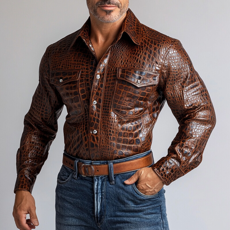 Men's Vintage PU Leather Alligator Pattern Chest Pocket Long Sleeve Shirt