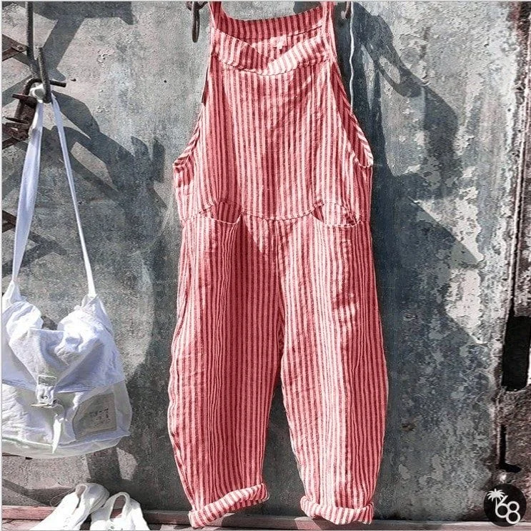 Strap Striped Jumpsuit Wide Leg Pants Linen | 168DEAL