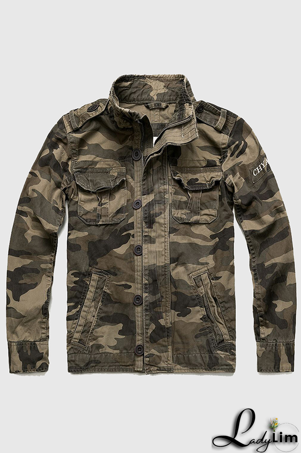 Green Fashion Casual Solid Camouflage Print Buckle Zipper Mandarin Collar Outerwear