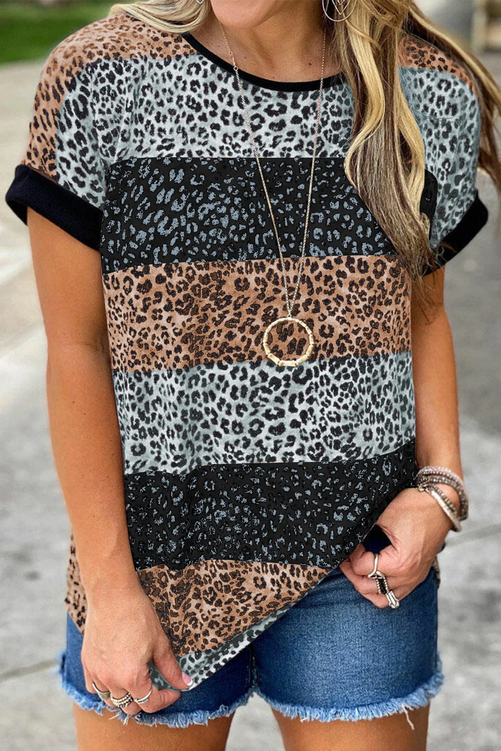 Black Leopard Striped Colorblock T-shirt | IFYHOME