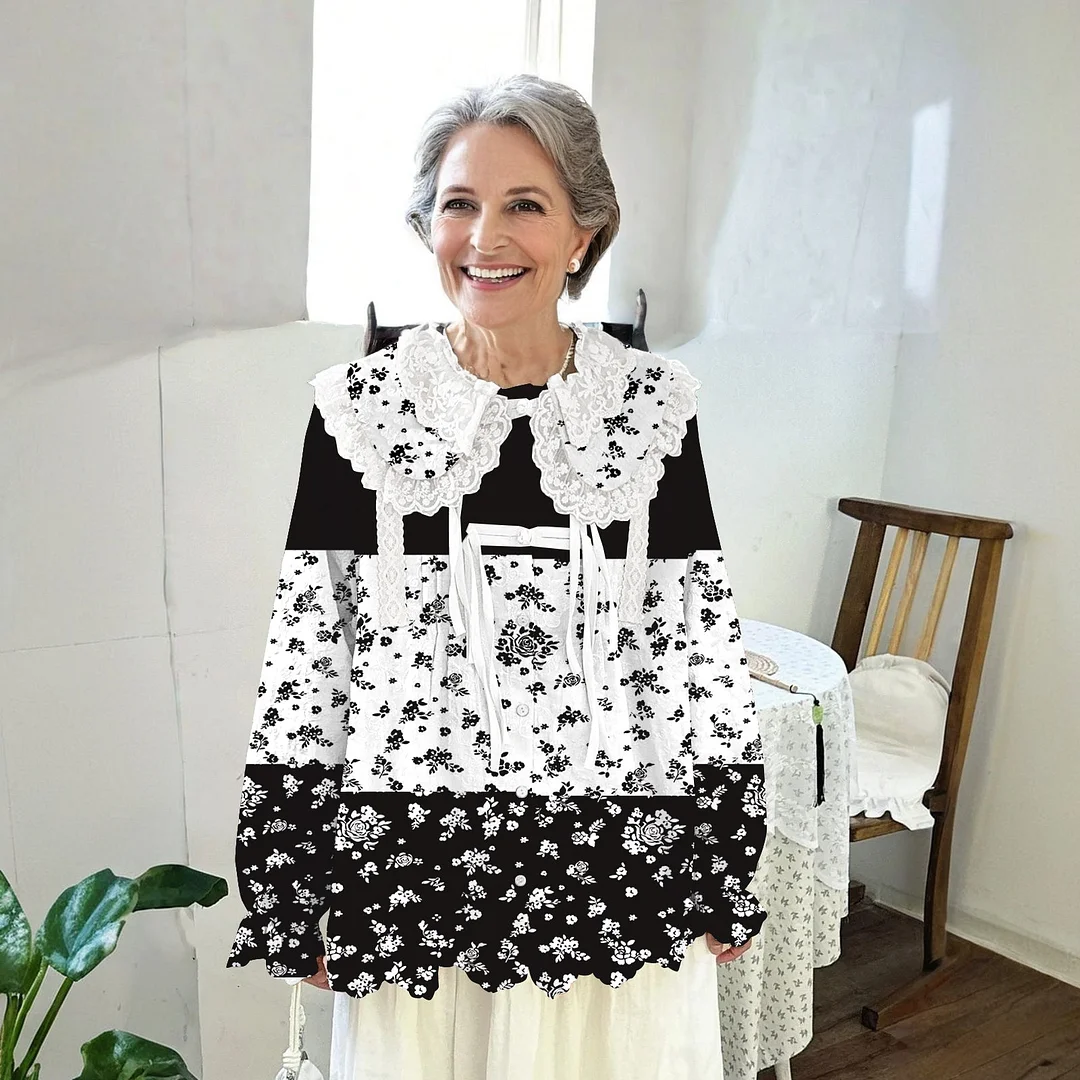 Women Printed Long Sleeve Round-neck  Cute Collar Shirts Blouses Black