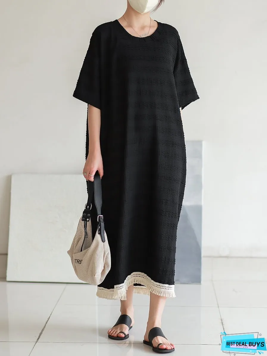 Vintage Stripe Jacquard Tassel Solid Loose Dress