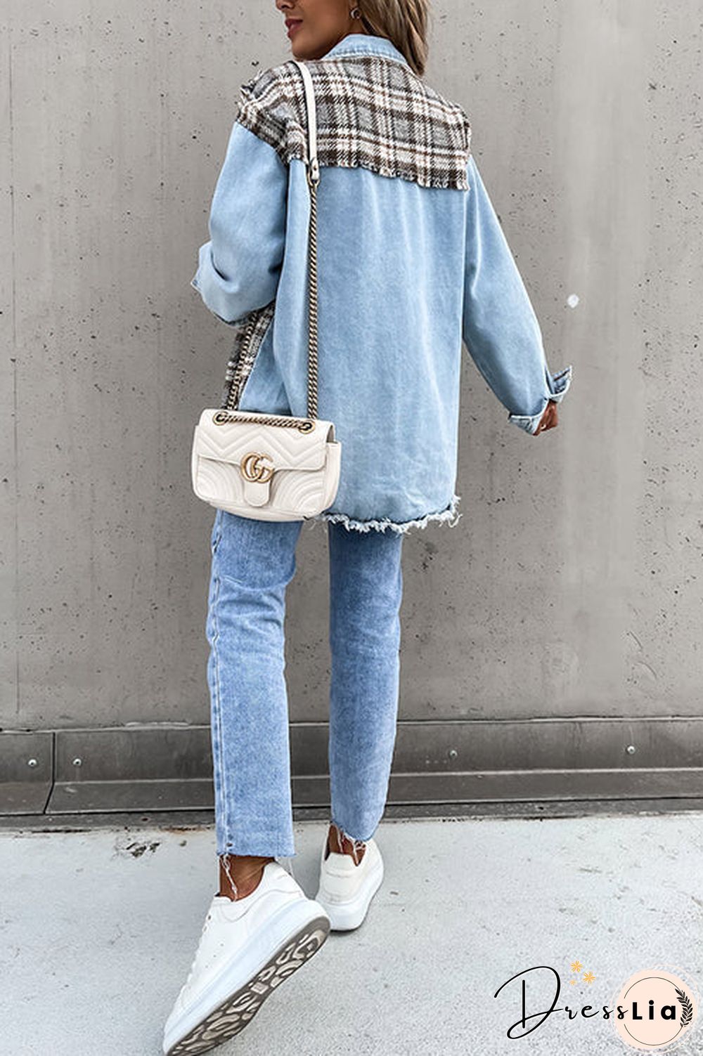 Checked Patchwork Pockets Denim Jacket