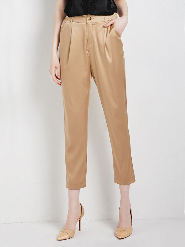 Champagne Waistband Button Detail Silk Pants With Pockets Ankle-length Pants