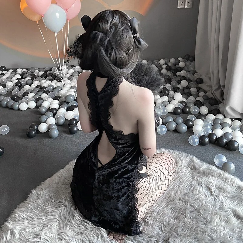 Billionm Sexy Anime Cosplay Costumes Gothic Asian Cheongsam Lace Floral Halter Hollow Dresses Erotic Outfit Lingerie For Women 2021 New