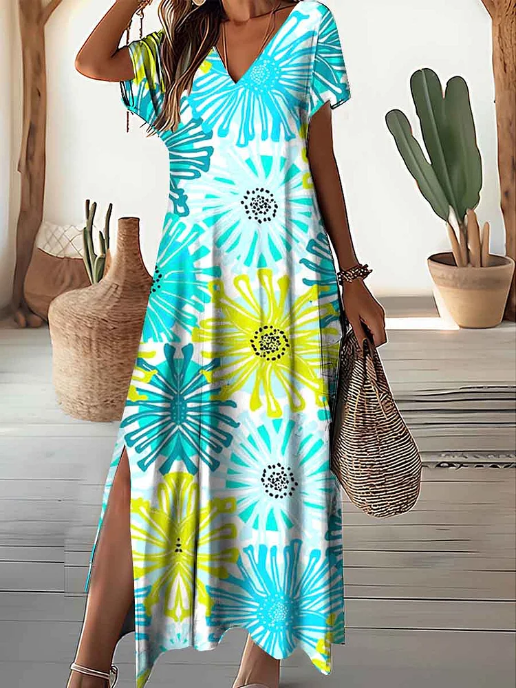 Women's V-Neck Knitted Floral Pattern Dress