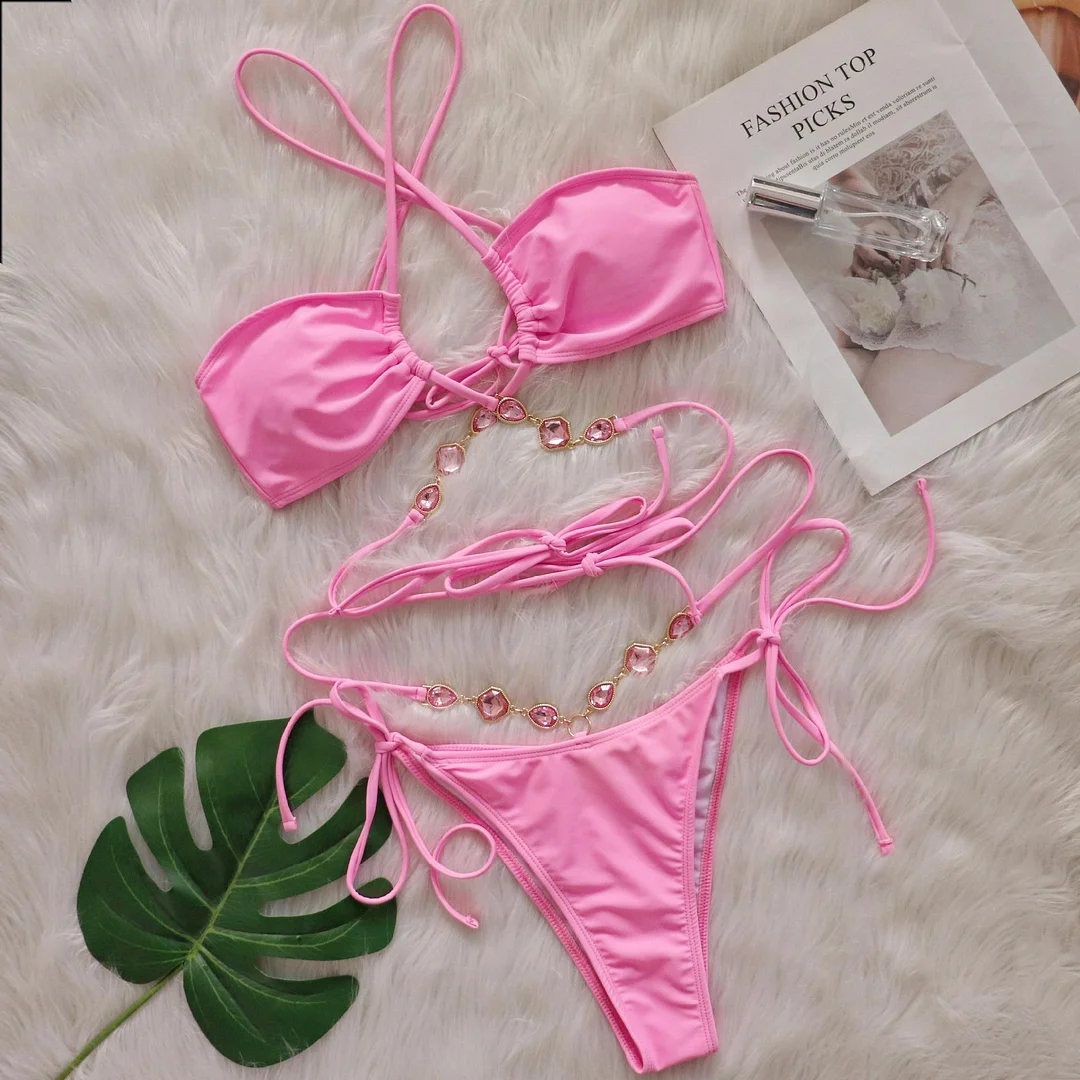 Uveng Uveng Crystal Diamond Bikini Hanging Neck Cross Strap Split Body Women's Swimsuit Beach Vacation Swimsuit New Style