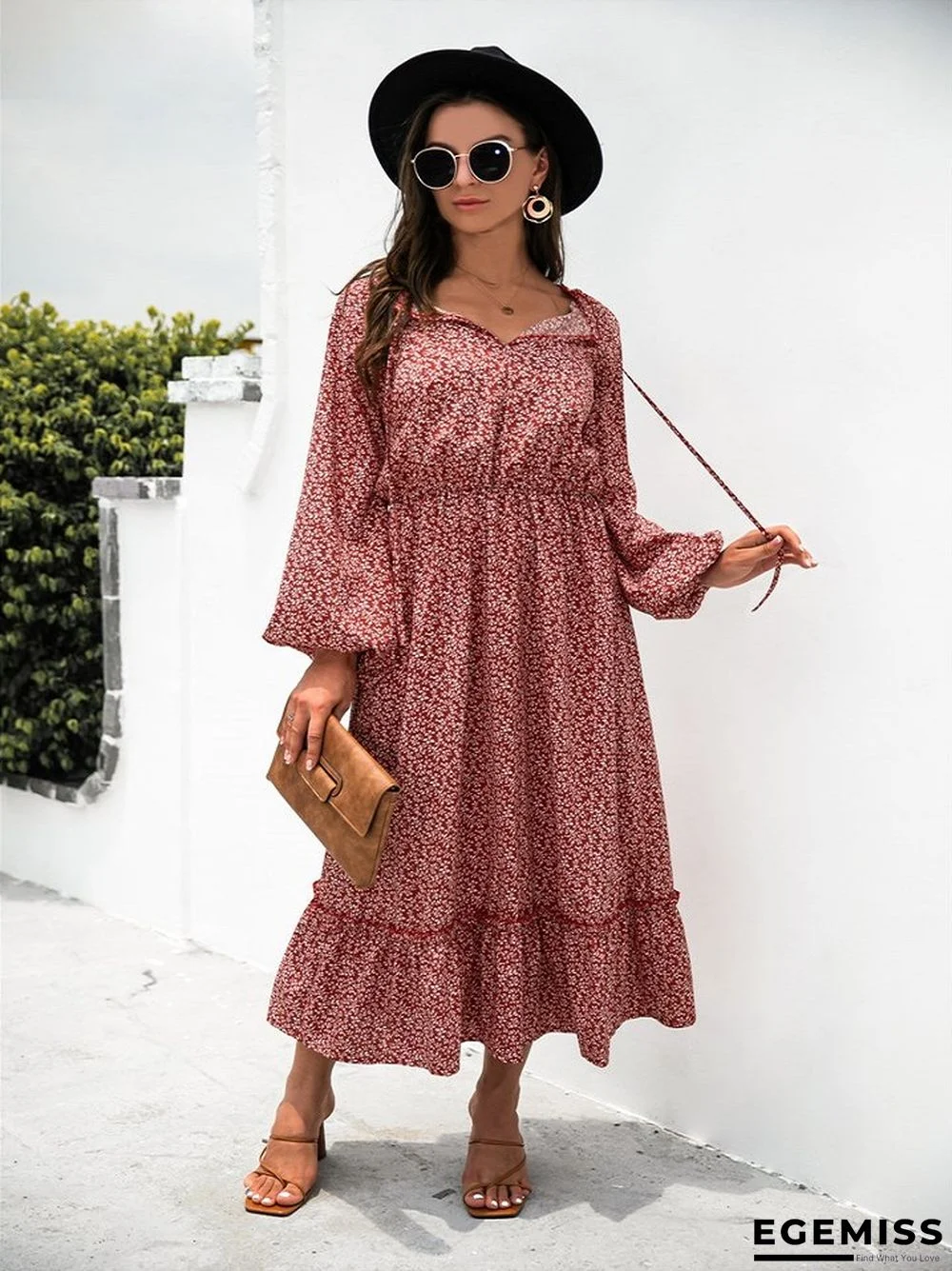 Long Sleeve V-neck Floral Dress | EGEMISS