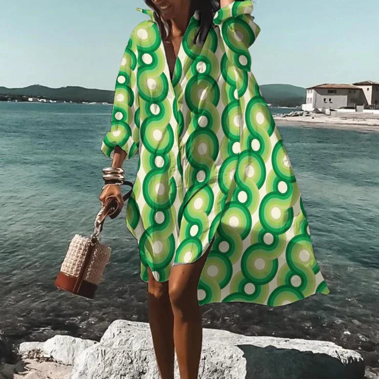 Geometric Wave-Print Loose Midi Dress