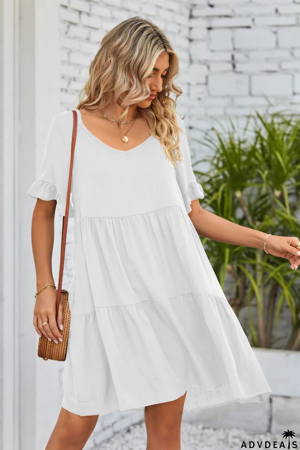 V-Neck Flounce Sleeve Tiered Dress