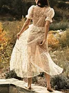 Gauze Flower Embroidered Puff Sleeves Midi Dress
