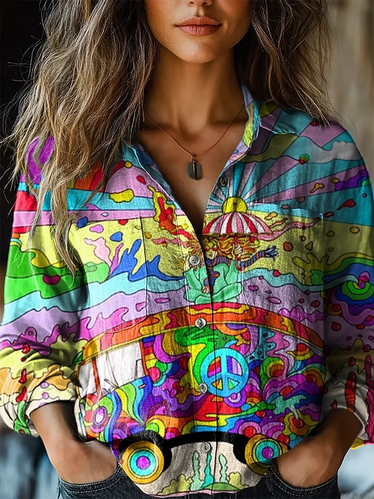 Women's Hippie Art Print Casual Long Sleeve Comfortable Cotton Shirt