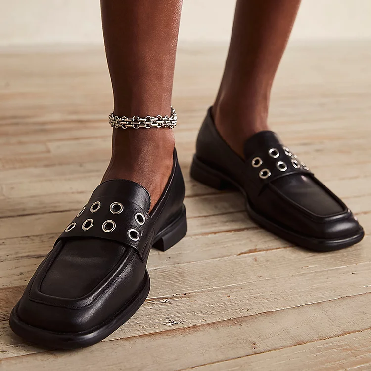 Black Square Toe Loafers Women's Circle Design Vintage Flat Shoes