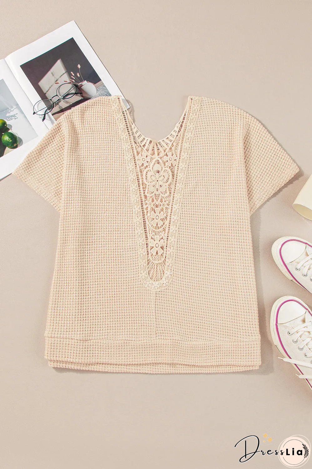 Beige Guipure Lace Insert Textured Plus Size Tee