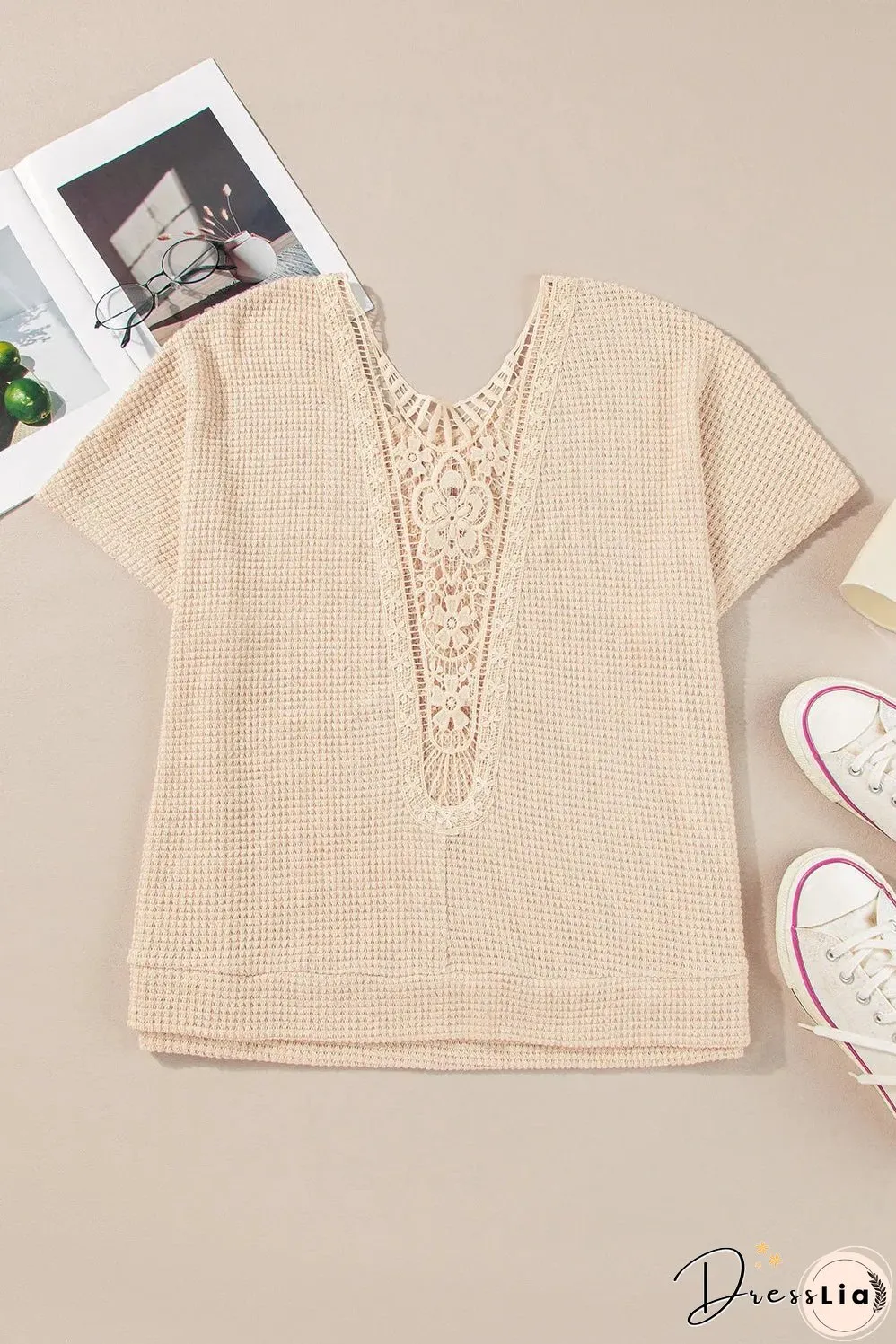 Beige Guipure Lace Insert Textured Plus Size Tee