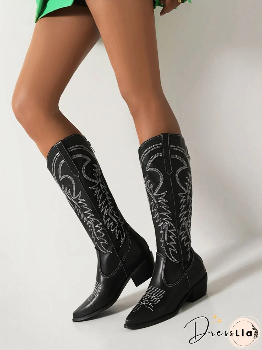 Embroidered Panel Plush Warm Pointed-Toe Cowboy Boots