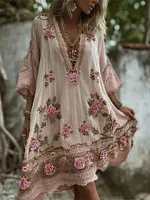 Boho Pink Roses Embroidered Lace Flowy Linen Midi Dress