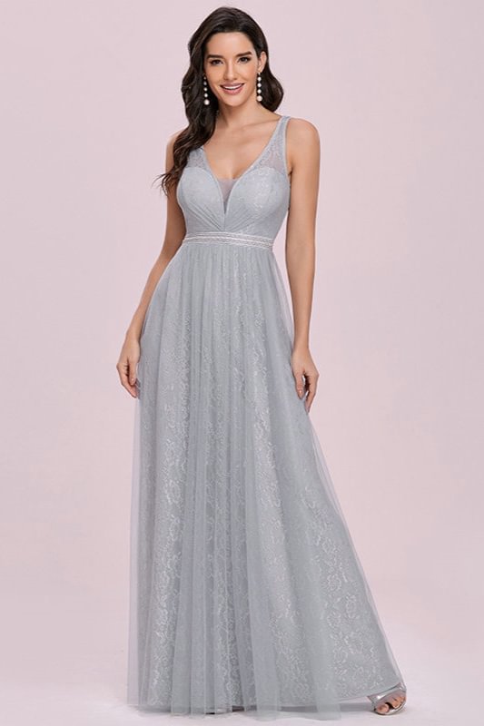 Grey Sleeveless Lace Long Evening Prom Dress - lulusllly