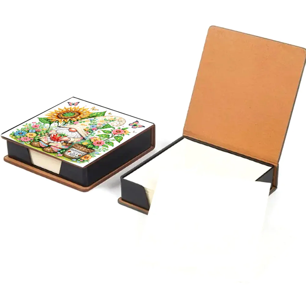 DIY Flower Gnome Leather Diamond Art Note Box with 160 Sheets of Paper for Beginners